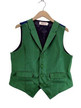 Mens Green Vest Waistcoat sz S by Mainfini Blue Back Fully Lined Pockets Joker